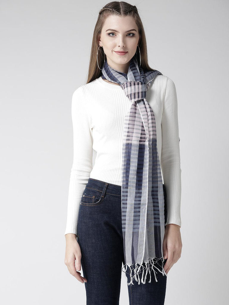 Women Navy Blue & Grey Checked Stole-Stoles & Scarves-StyleQuotient