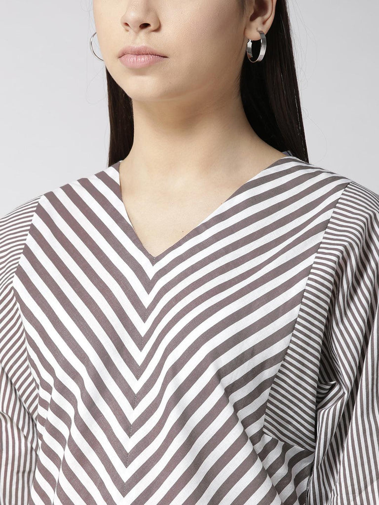 Women Taupe & White Striped Top-Tops-StyleQuotient