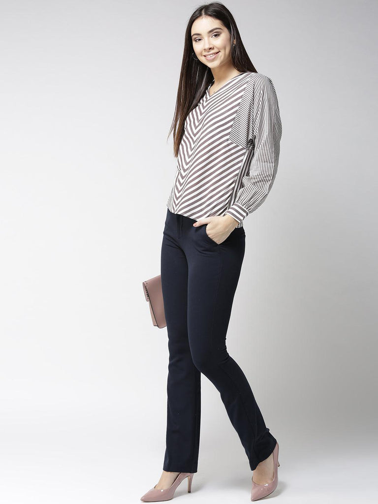 Women Taupe & White Striped Top-Tops-StyleQuotient