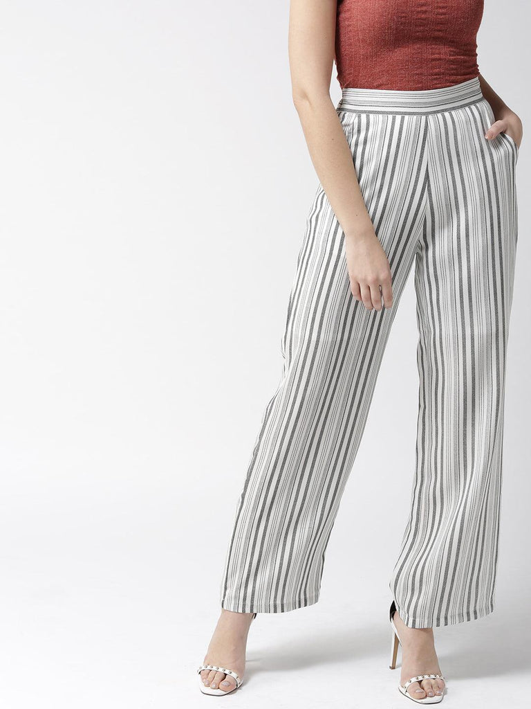 Women Off-White & Black Original Straight Fit Striped Parallel Trousers-Trousers-StyleQuotient