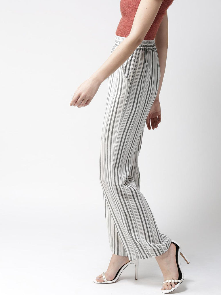 Women Off-White & Black Original Straight Fit Striped Parallel Trousers-Trousers-StyleQuotient