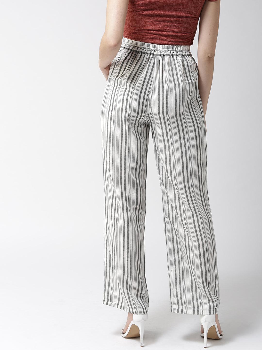 Women Off-White & Black Original Straight Fit Striped Parallel Trousers-Trousers-StyleQuotient