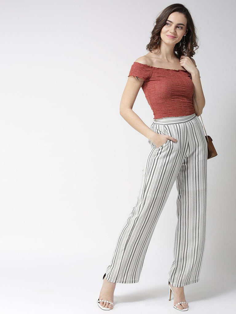 Women Off-White & Black Original Straight Fit Striped Parallel Trousers-Trousers-StyleQuotient