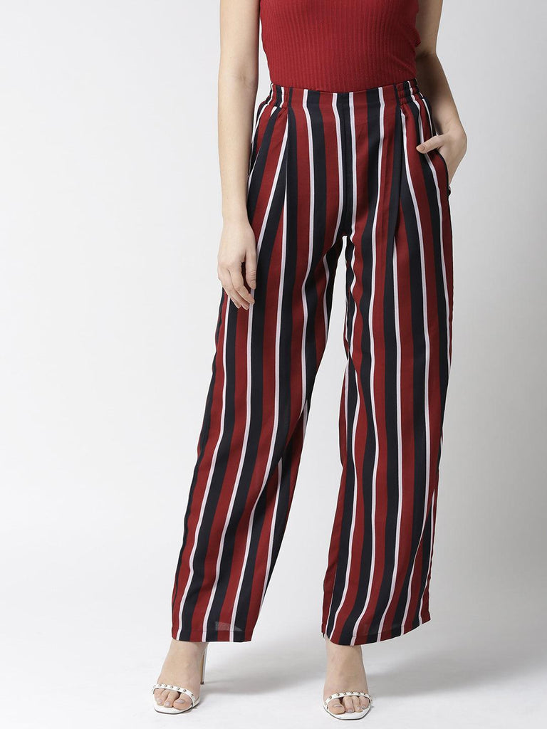 Women Maroon & Navy Blue Loose Fit Striped Parallel Trousers-Trousers-StyleQuotient