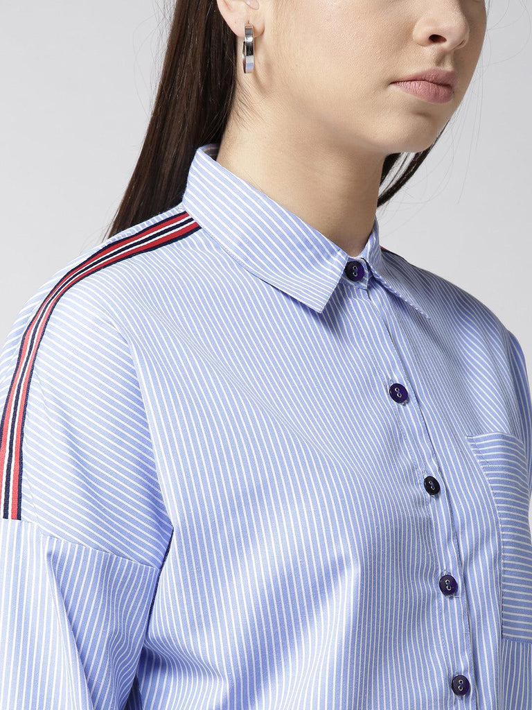 Women Blue & White Striped Casual Shirt-Shirts-StyleQuotient