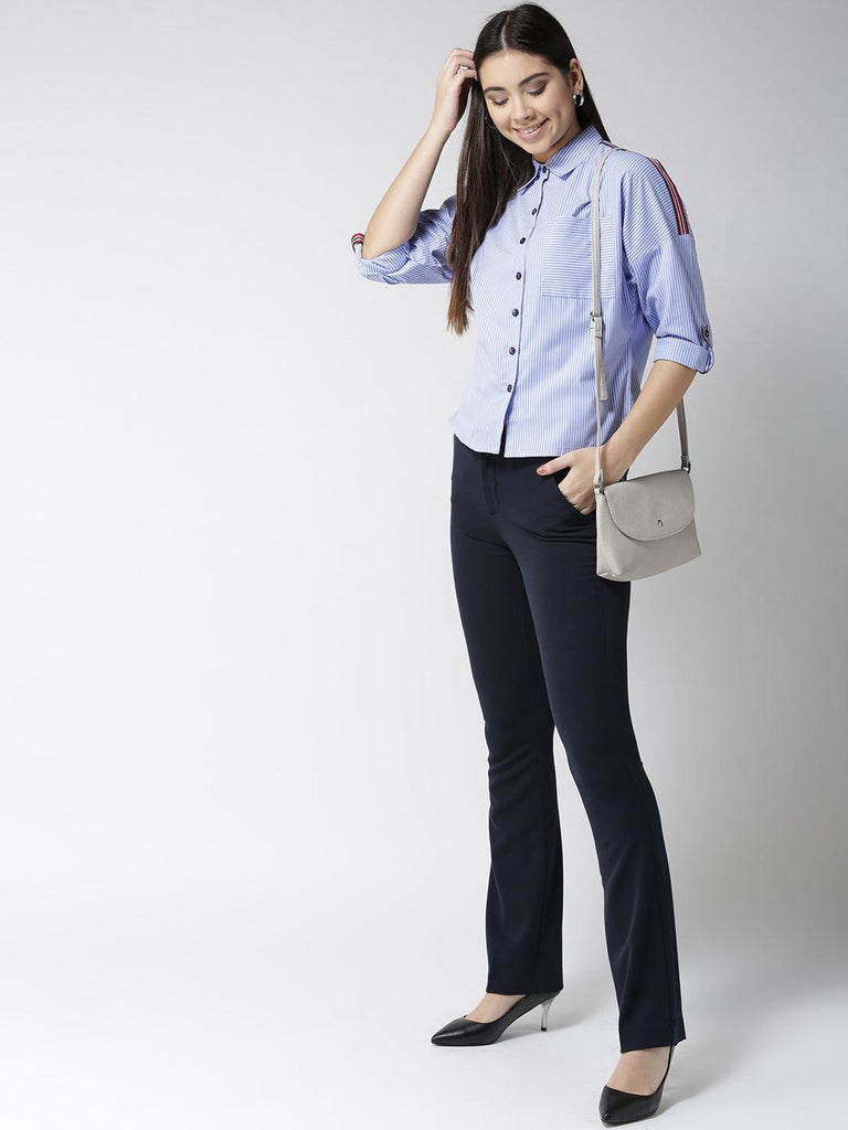 Women Blue & White Striped Casual Shirt-Shirts-StyleQuotient