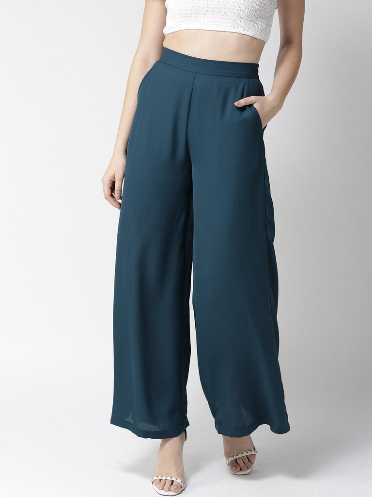 Women Teal Blue Loose Fit Solid Parallel Trousers-Trousers-StyleQuotient