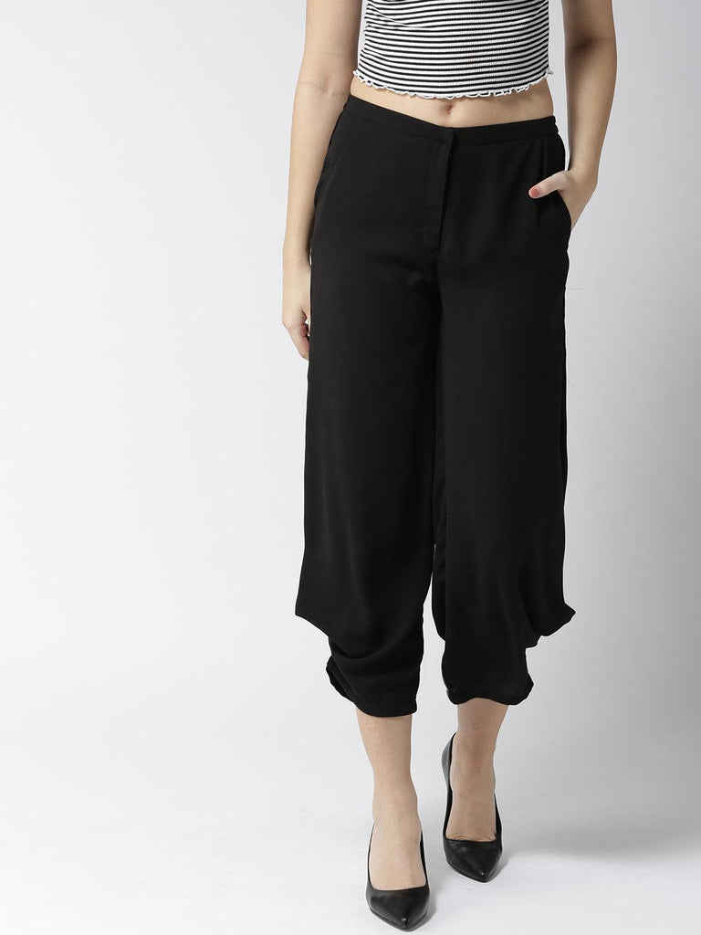 Women Black Tailored Loose Fit Solid Cropped Regular Trousers-Trousers-StyleQuotient