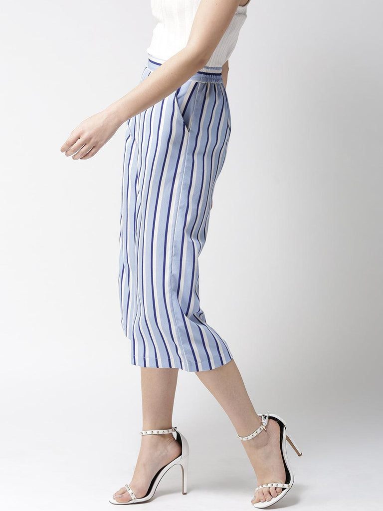Women Blue & White Loose Fit Striped Culottes-Trousers-StyleQuotient