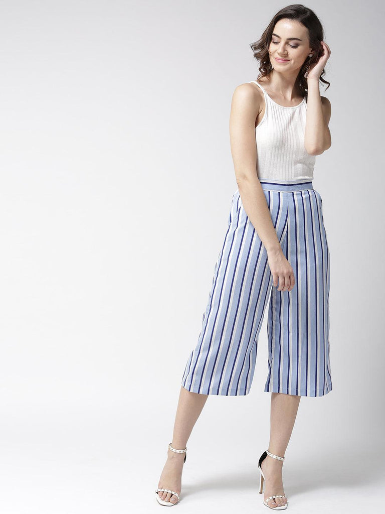 Women Blue & White Loose Fit Striped Culottes-Trousers-StyleQuotient