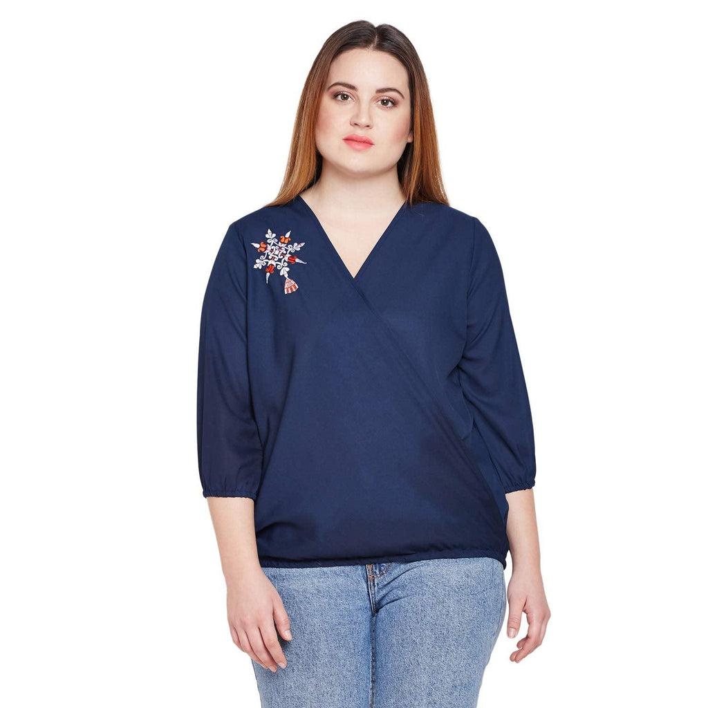 Style Quotient Women Navy Blue Solid Blouson Top-Tops-StyleQuotient