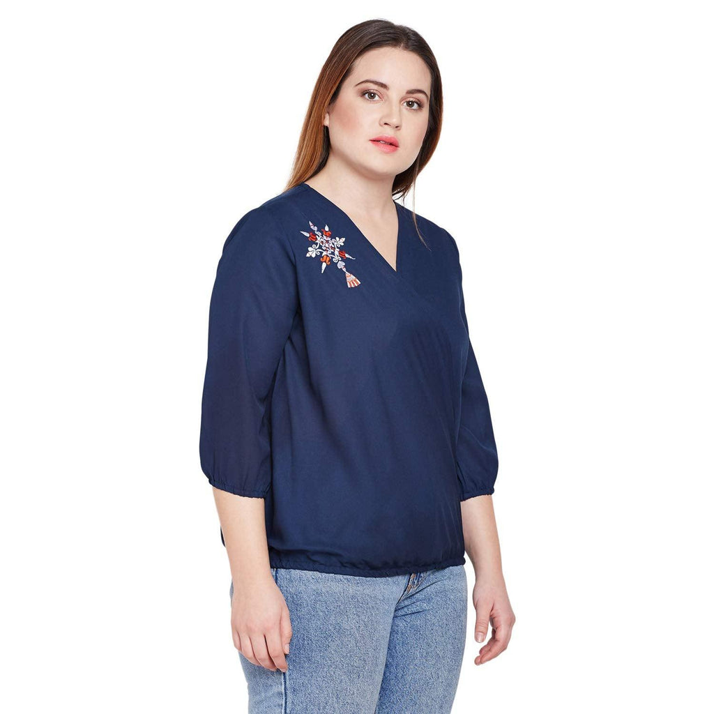 Style Quotient Women Navy Blue Solid Blouson Top-Tops-StyleQuotient