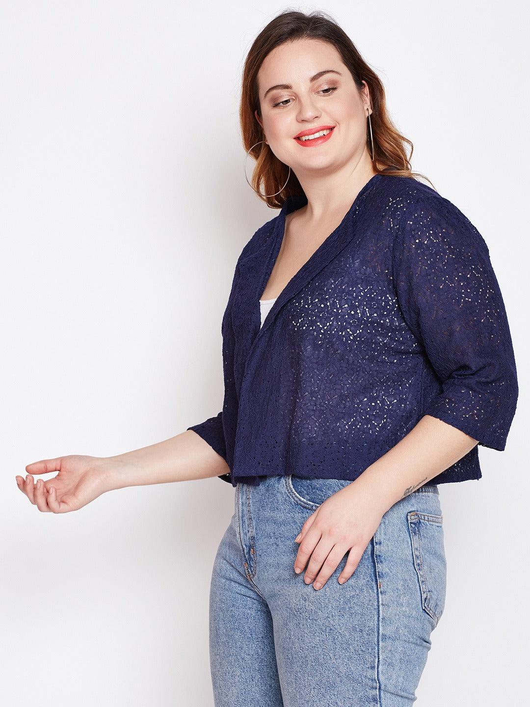 Style Quotient Navy Blue Self Design Open Front Shrug-Shrug-StyleQuotient