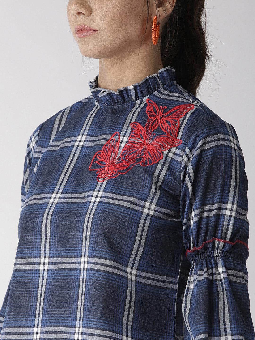 Women Blue Checked Top-Tops-StyleQuotient