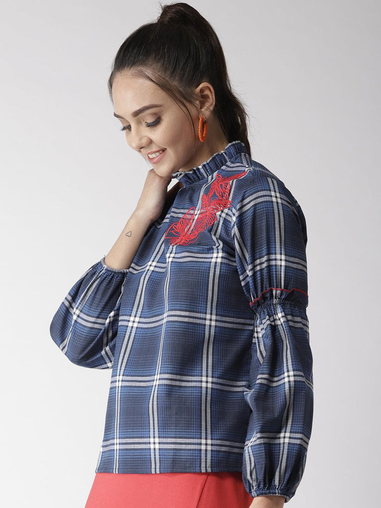 Women Blue Checked Top-Tops-StyleQuotient