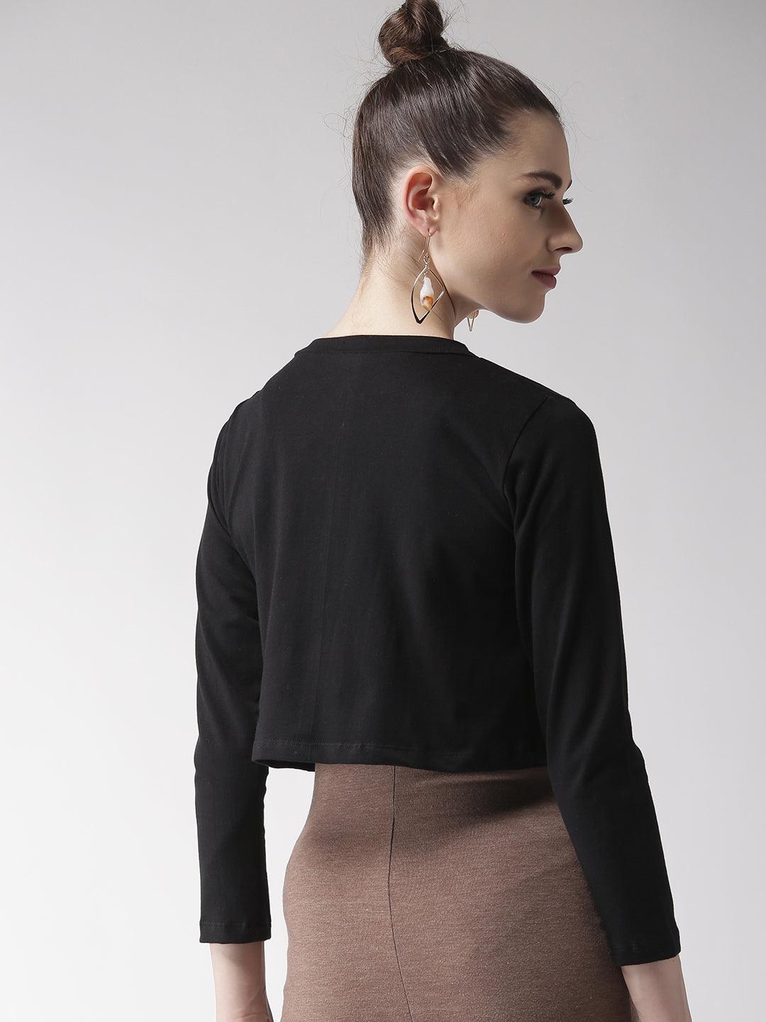 Style Quotient Women Solid Black Cotton Smart Casual Crop Shrug-Shrug-StyleQuotient