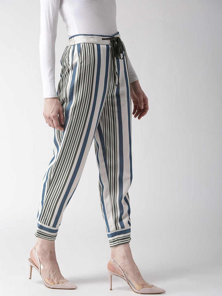 Women Off-White Smart Tapered Fit Striped Cropped Peg Trousers-Trousers-StyleQuotient