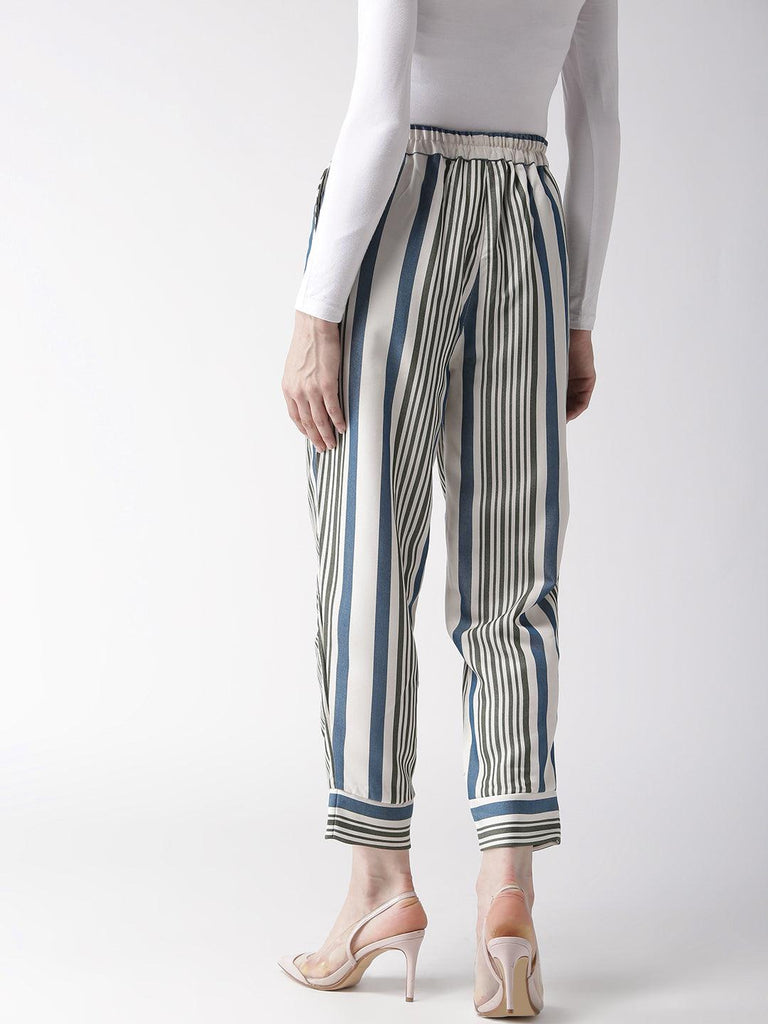 Women Off-White Smart Tapered Fit Striped Cropped Peg Trousers-Trousers-StyleQuotient