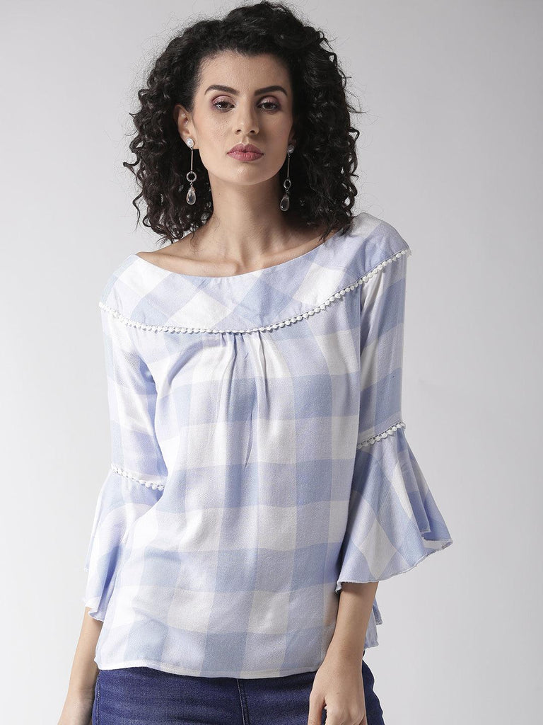 Women Blue & White Checked Top-Tops-StyleQuotient