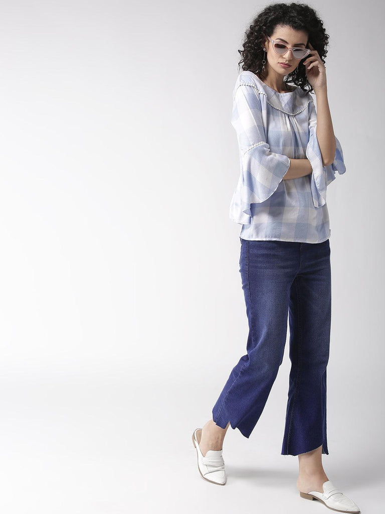 Women Blue & White Checked Top-Tops-StyleQuotient