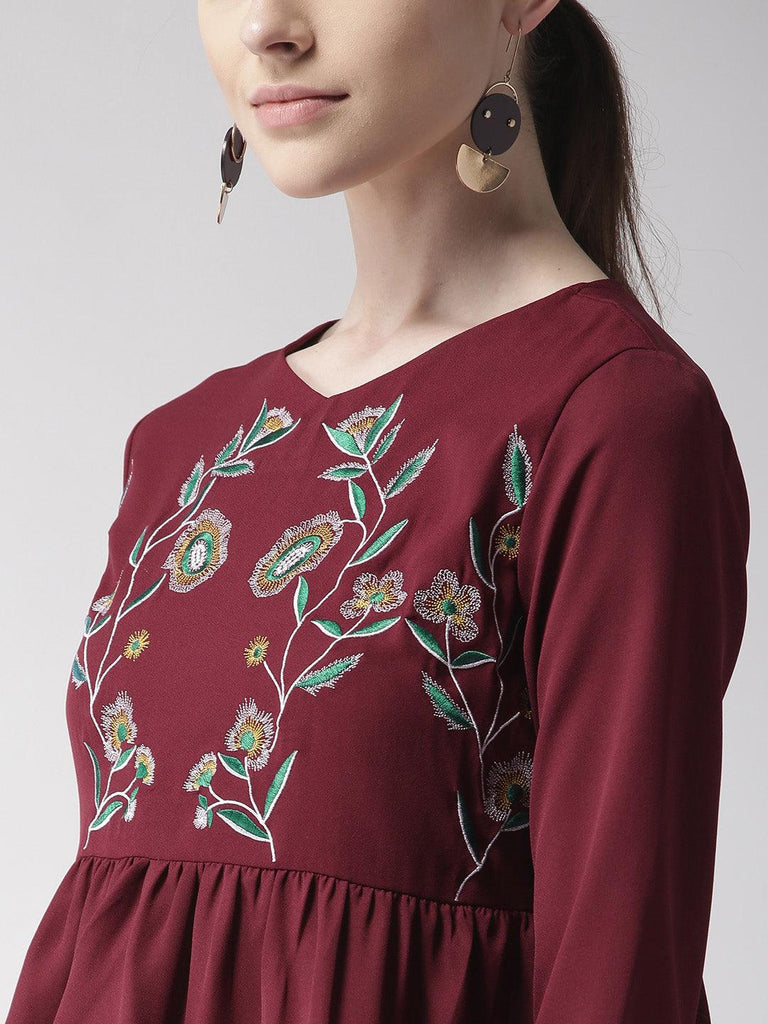 Women Maroon Embroidered A-Line Top-Tops-StyleQuotient