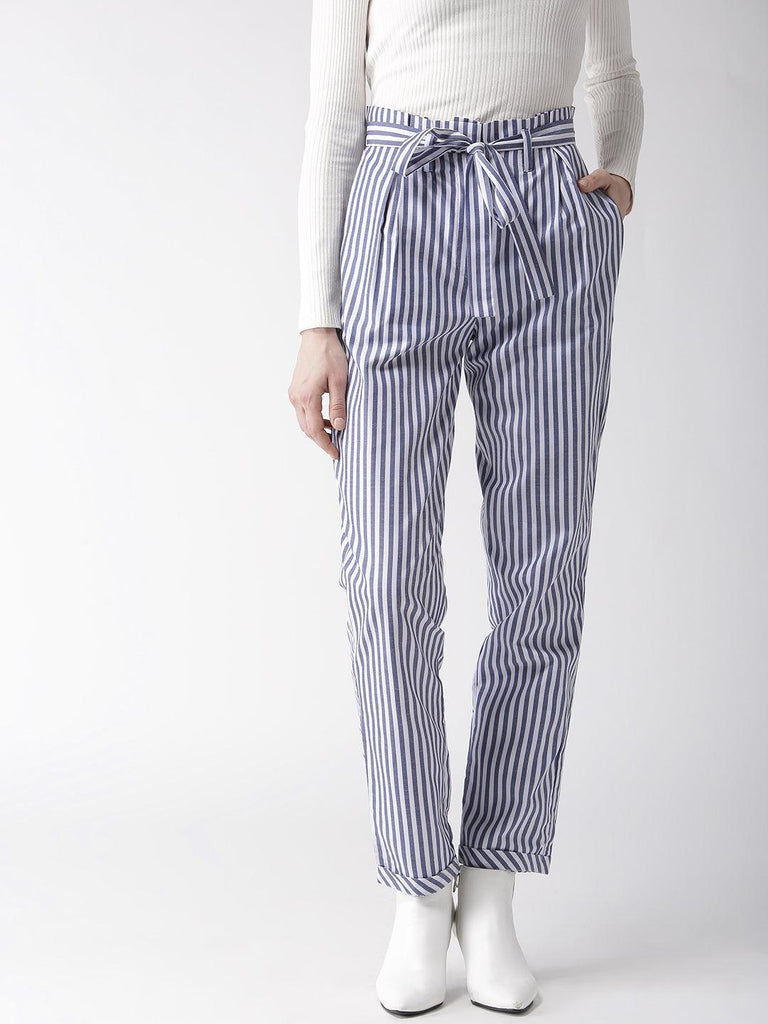 Women White & Blue Tailored Slim Fit Striped Trousers-Trousers-StyleQuotient