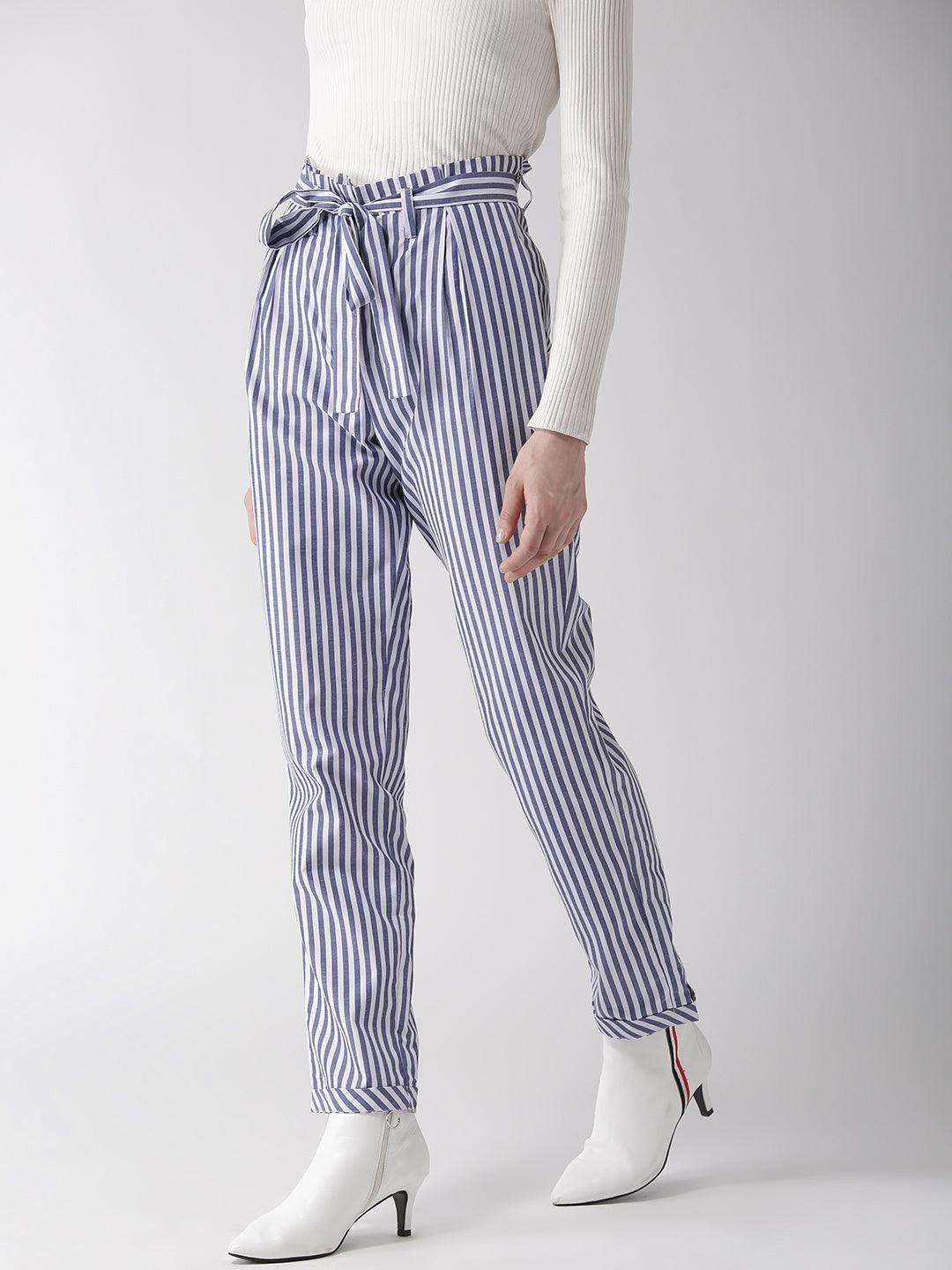 Women White & Blue Tailored Slim Fit Striped Trousers-Trousers-StyleQuotient