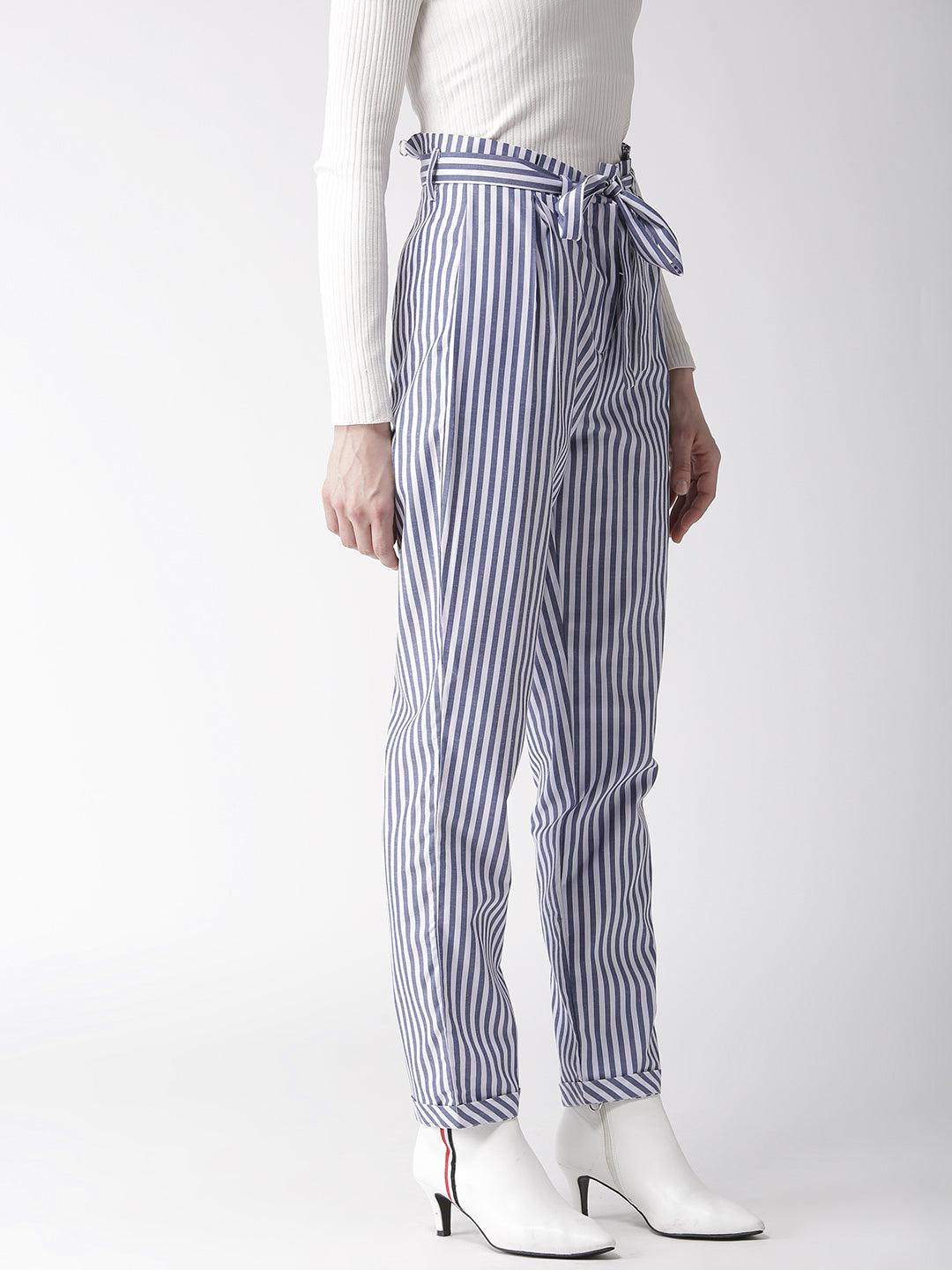 Women White & Blue Tailored Slim Fit Striped Trousers-Trousers-StyleQuotient