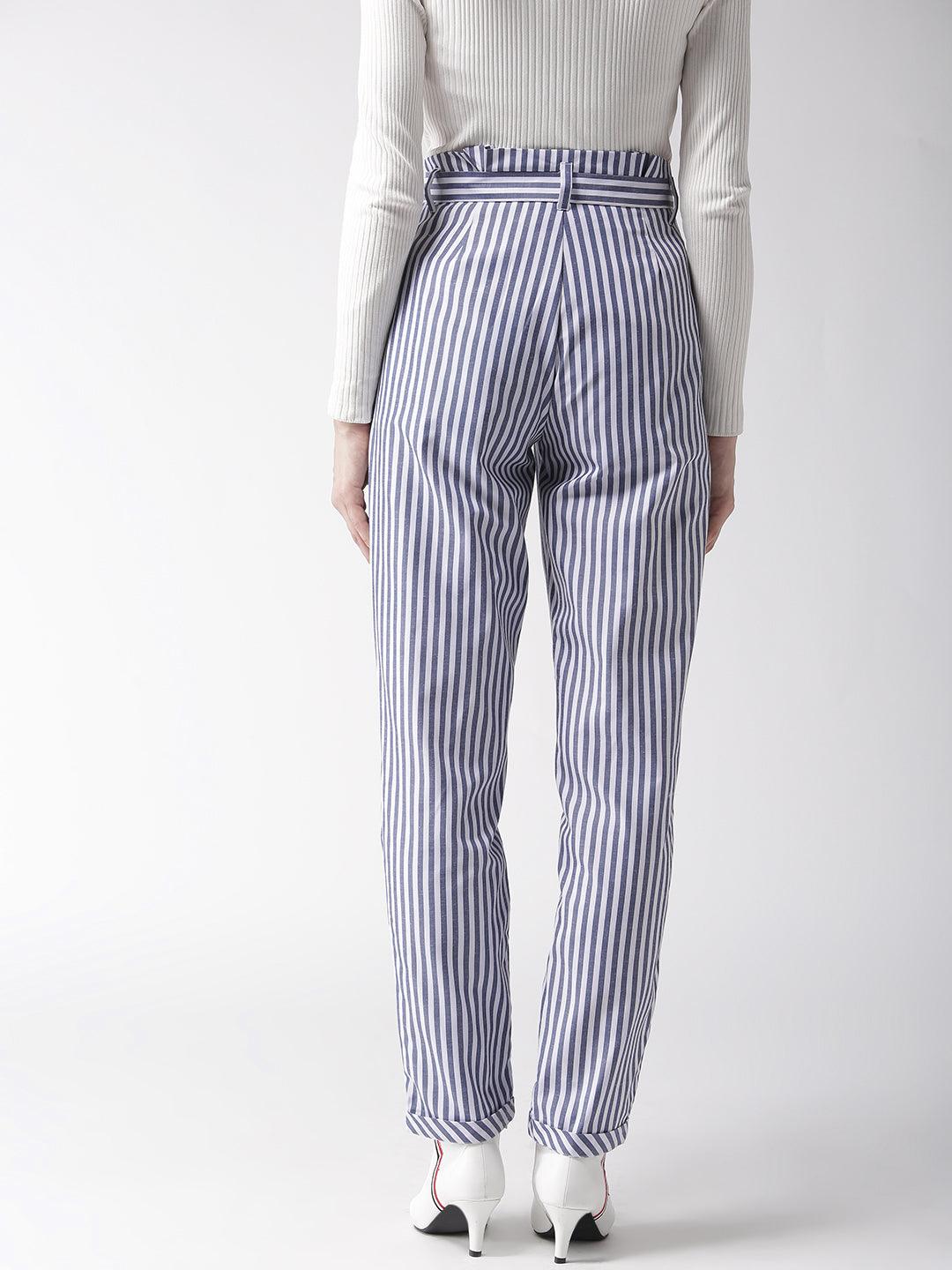 Women White & Blue Tailored Slim Fit Striped Trousers-Trousers-StyleQuotient