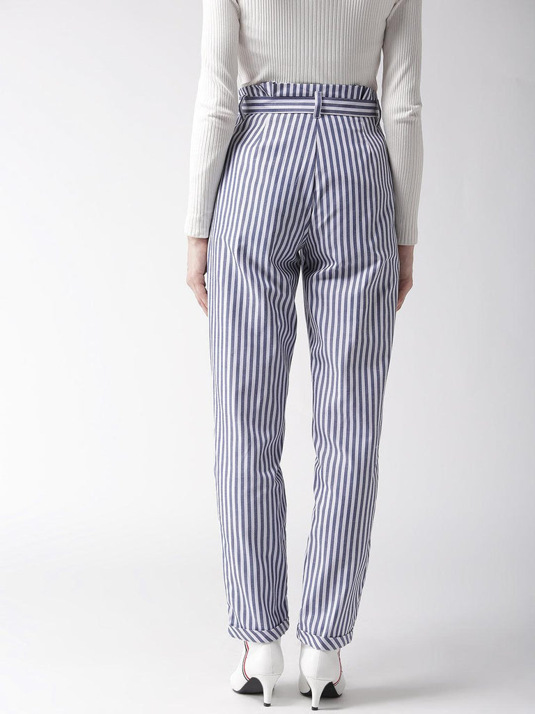 Women White & Blue Tailored Slim Fit Striped Trousers-Trousers-StyleQuotient