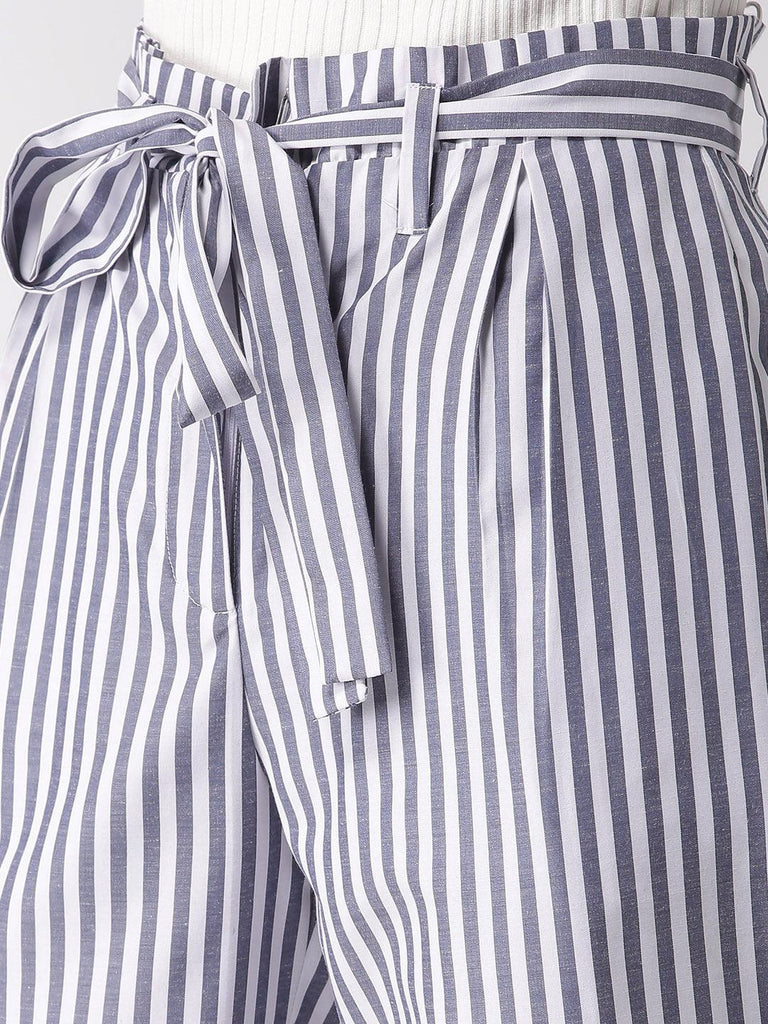 Women White & Blue Tailored Slim Fit Striped Trousers-Trousers-StyleQuotient