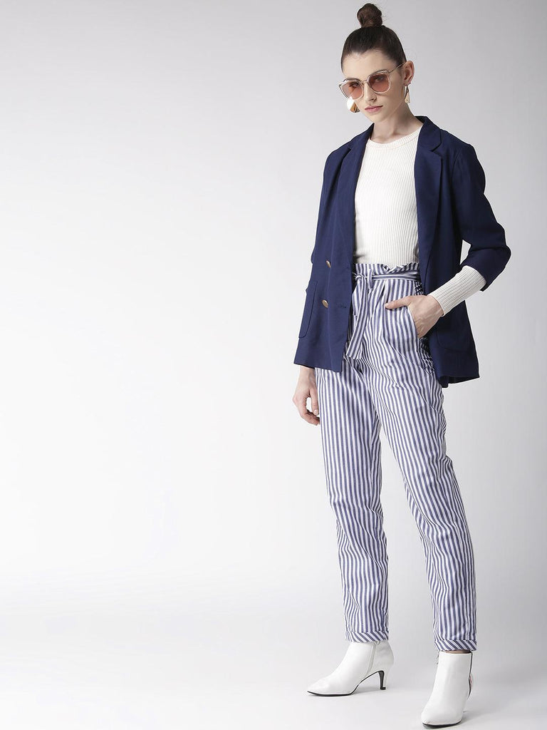 Women White & Blue Tailored Slim Fit Striped Trousers-Trousers-StyleQuotient