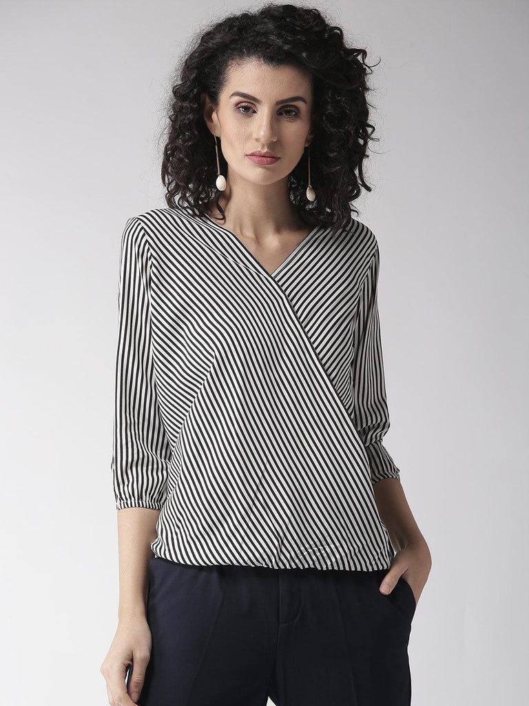 Women Black & White Striped Wrap Top-Tops-StyleQuotient