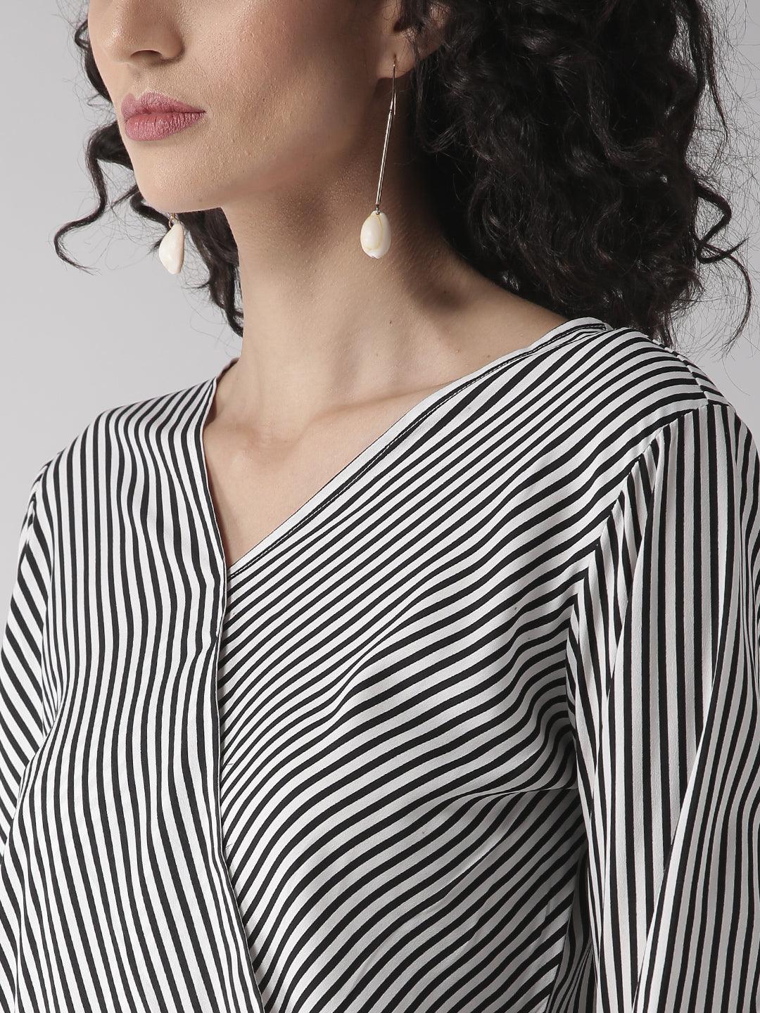 Women Black & White Striped Wrap Top-Tops-StyleQuotient