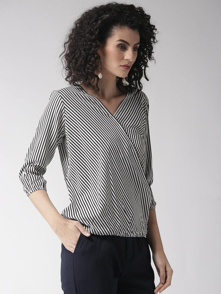 Women Black & White Striped Wrap Top-Tops-StyleQuotient