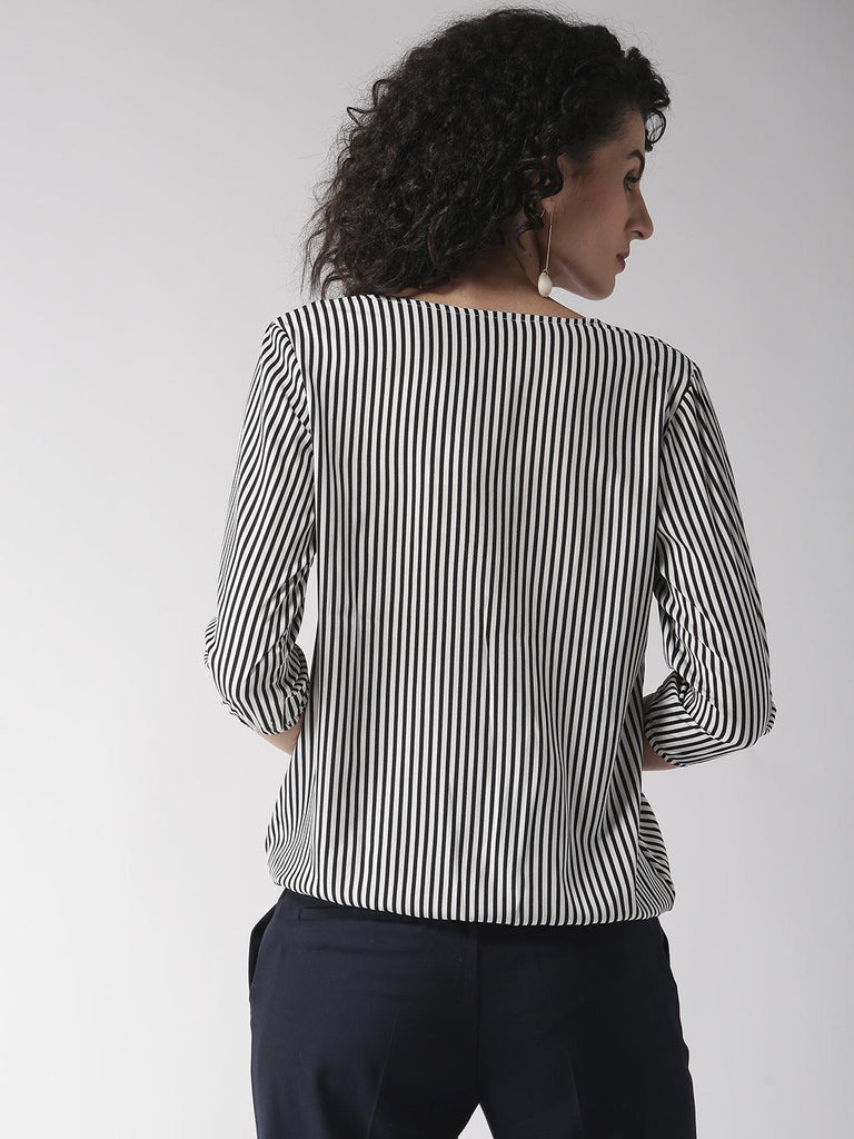 Women Black & White Striped Wrap Top-Tops-StyleQuotient