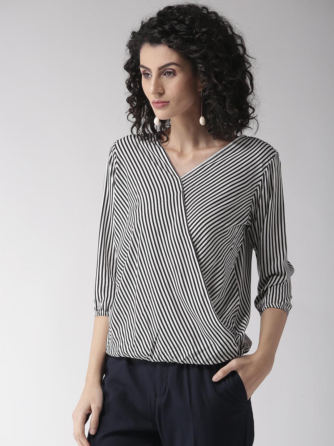 Women Black & White Striped Wrap Top-Tops-StyleQuotient