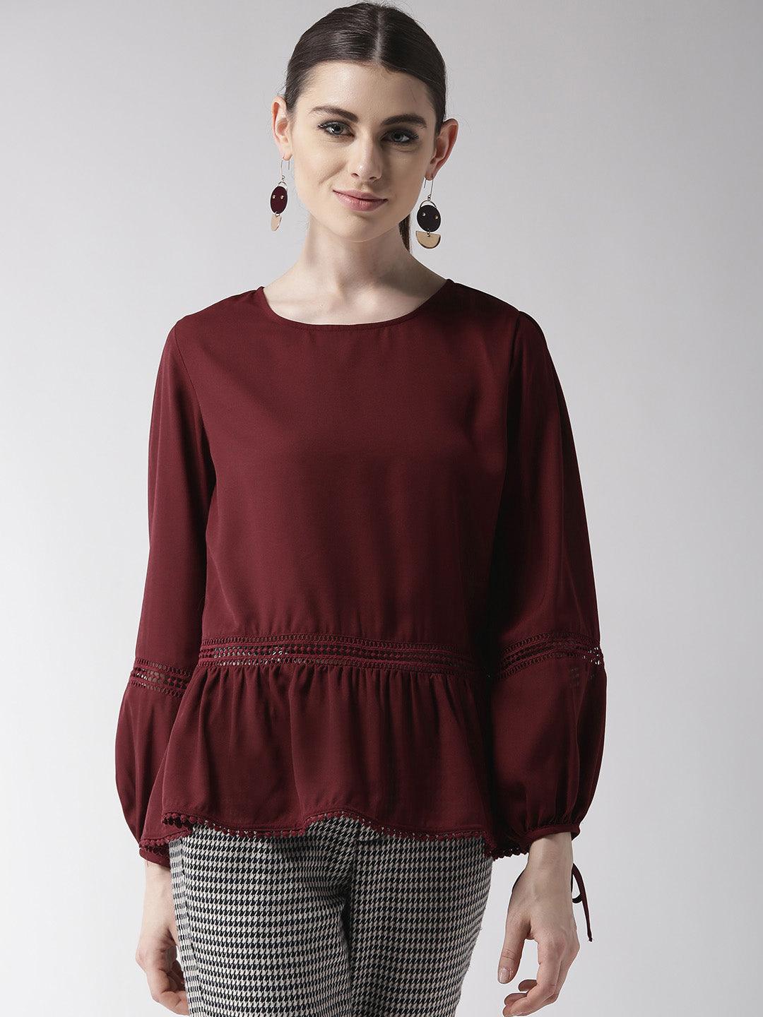 Women Burgundy Solid A-Line Top-Tops-StyleQuotient