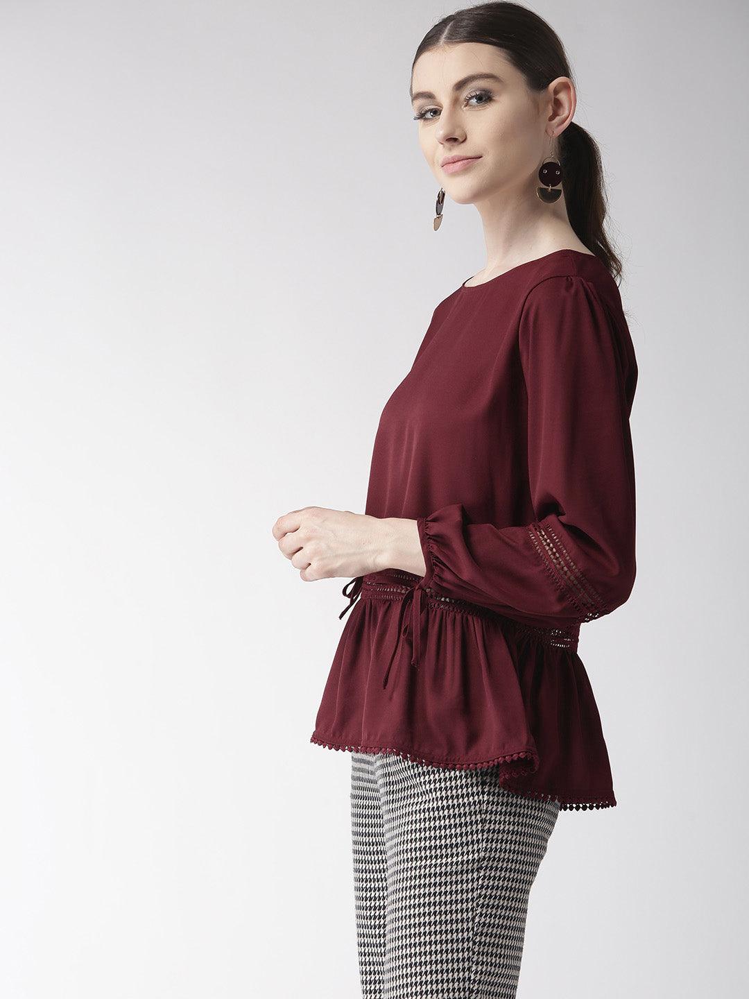 Women Burgundy Solid A-Line Top-Tops-StyleQuotient