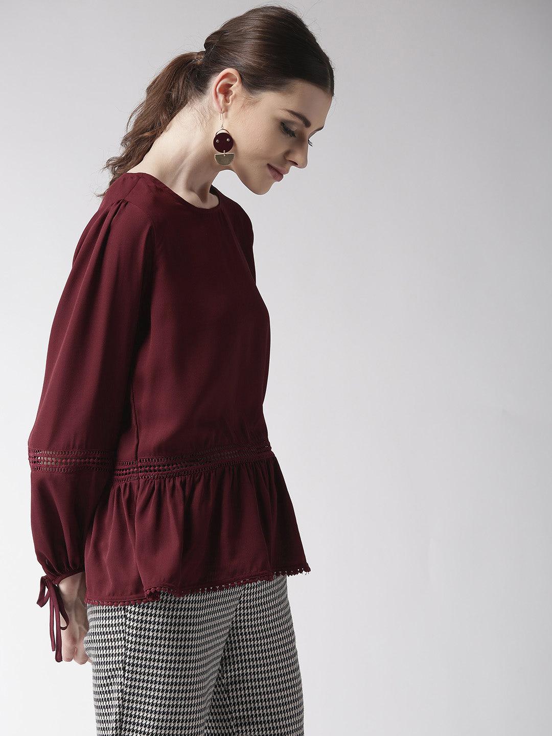 Women Burgundy Solid A-Line Top-Tops-StyleQuotient