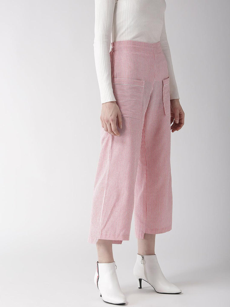 Women Red & White Tailored Loose Fit Striped Culottes-Trousers-StyleQuotient