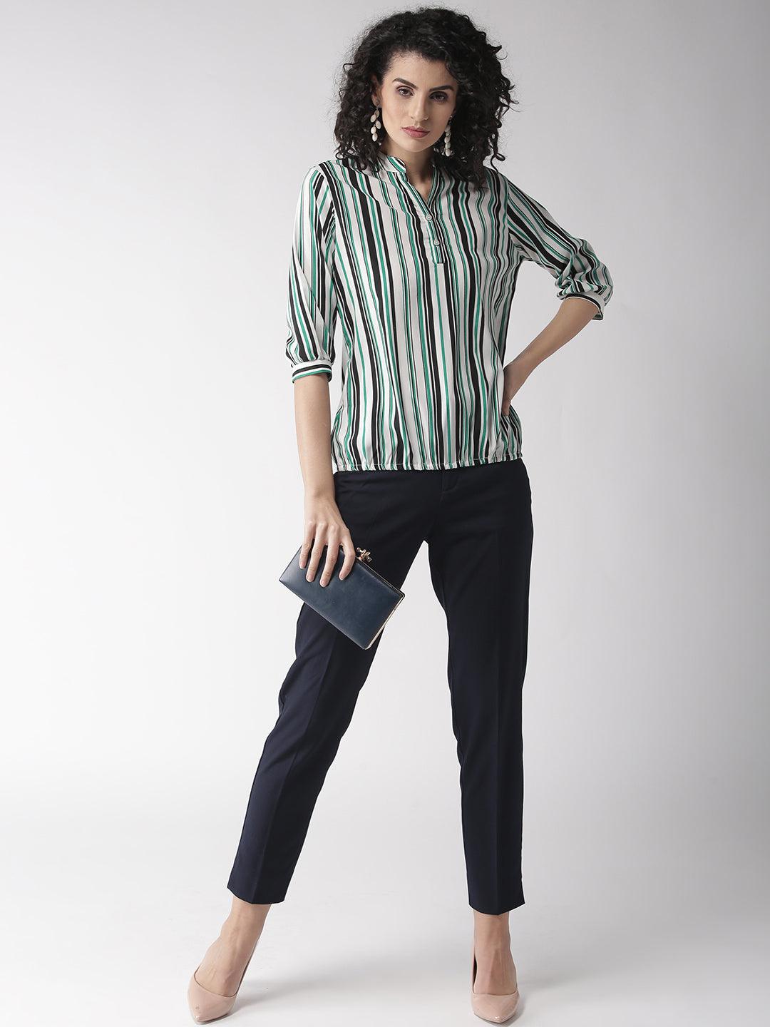 Women Striped Half Placket Shirt Style Top-Tops-StyleQuotient