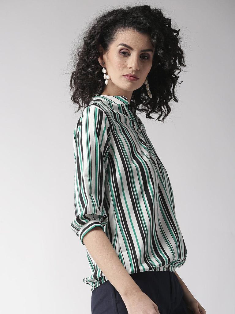 Women Striped Half Placket Shirt Style Top-Tops-StyleQuotient