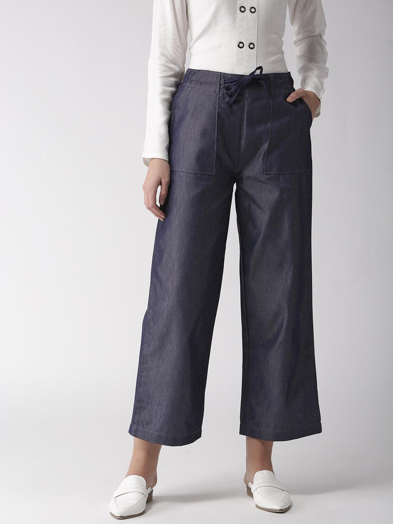 Women Navy Blue Loose Fit Chambray Solid Cropped Parallel Trousers-Trousers-StyleQuotient