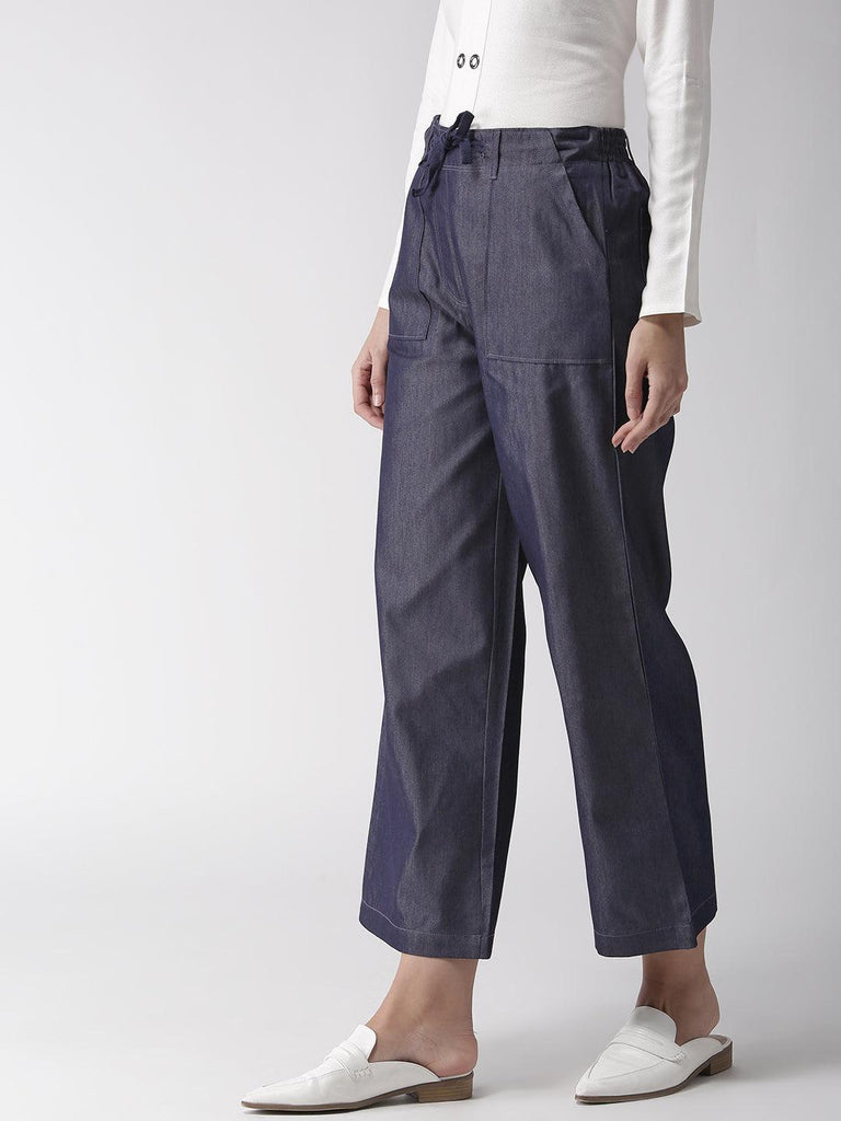 Women Navy Blue Loose Fit Chambray Solid Cropped Parallel Trousers-Trousers-StyleQuotient