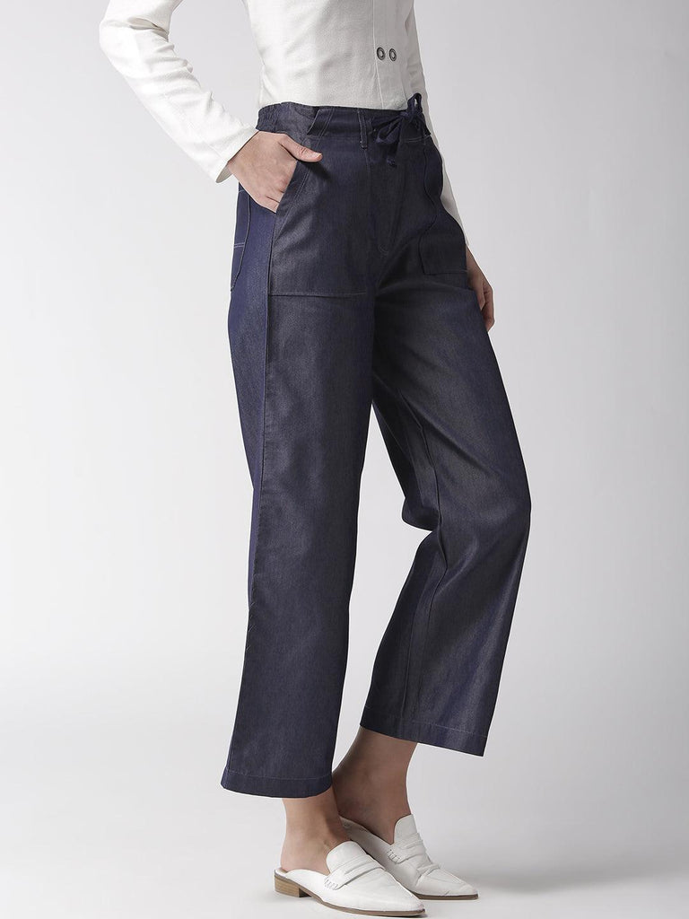 Women Navy Blue Loose Fit Chambray Solid Cropped Parallel Trousers-Trousers-StyleQuotient