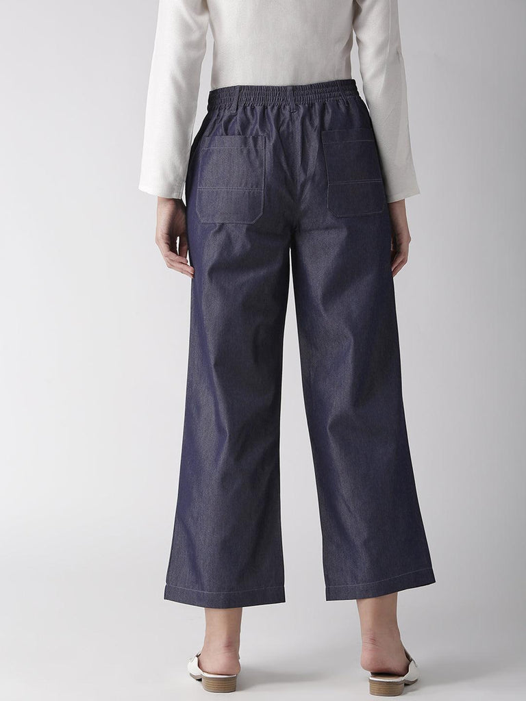 Women Navy Blue Loose Fit Chambray Solid Cropped Parallel Trousers-Trousers-StyleQuotient