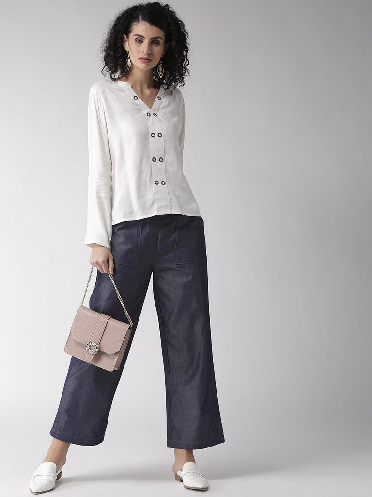 Women Navy Blue Loose Fit Chambray Solid Cropped Parallel Trousers-Trousers-StyleQuotient