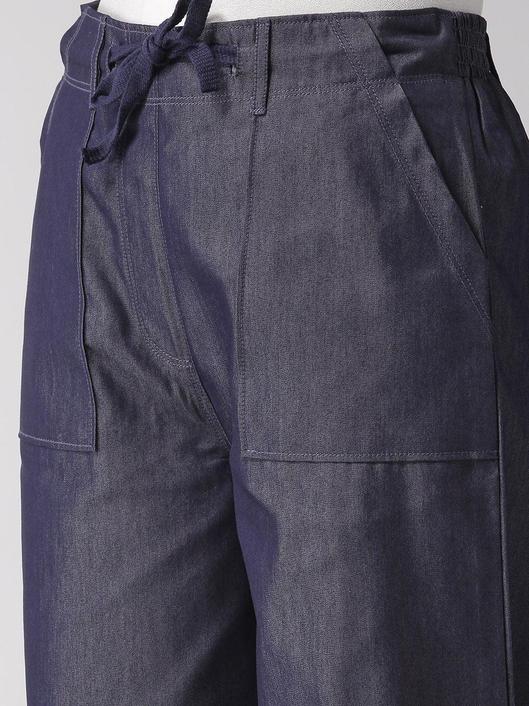 Women Navy Blue Loose Fit Chambray Solid Cropped Parallel Trousers-Trousers-StyleQuotient