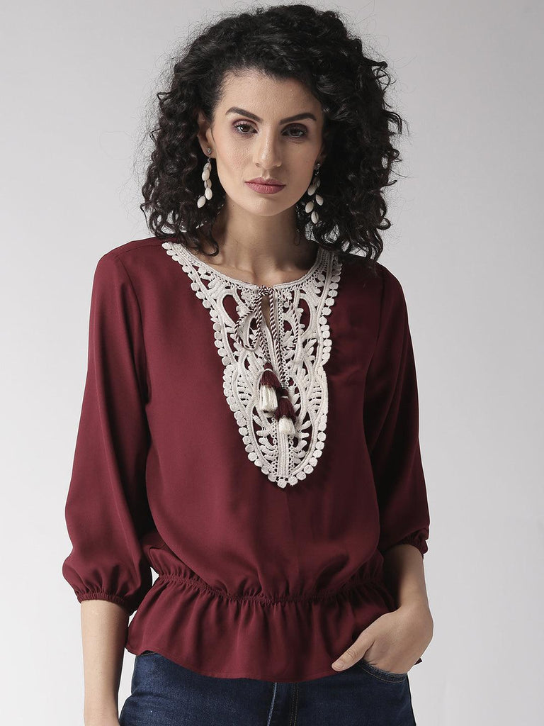 Women Maroon Lace Inserts Top-Tops-StyleQuotient